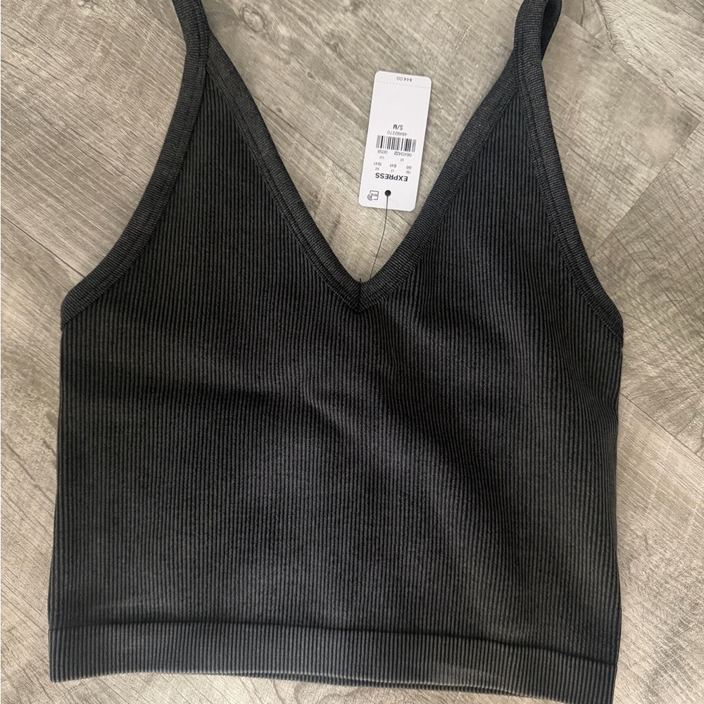 Express Charcoal Ribbed V-Neck Top